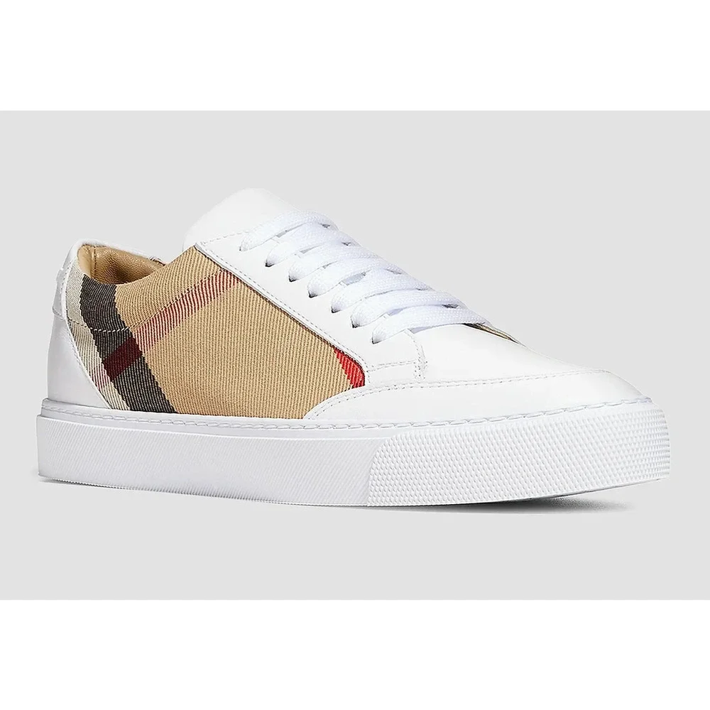 Burberry Salmond Vintage Check White Leather Logo Lace Up Low Top Sneaker 40.5